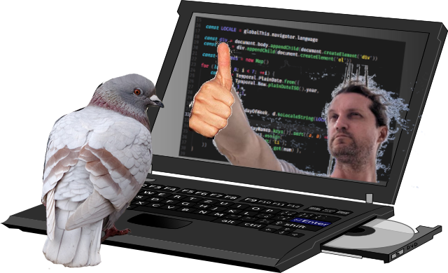 Badly photoshop image of a Pigeon developing code on a laptop, and Maxime Garcia giving a thumbs up from the laptop screen
